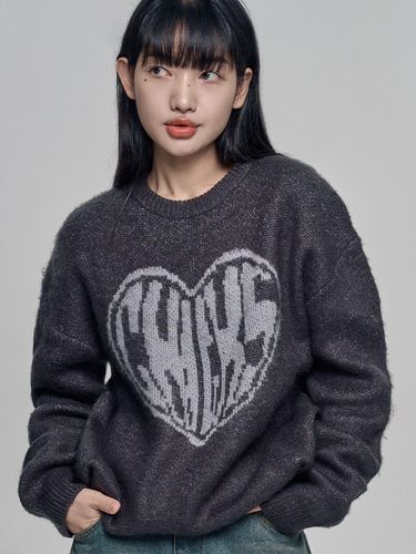 Heart Overfit Round Knit [Charcoal] - chicks - Modalova