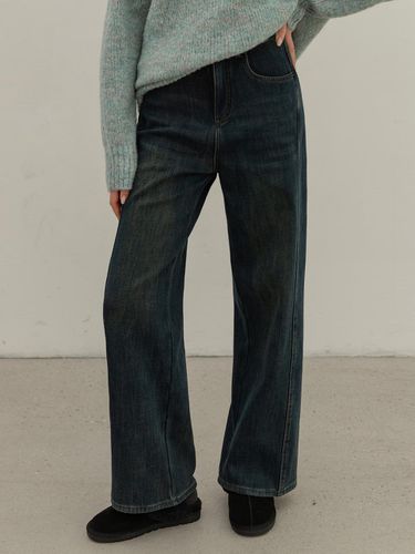 Napped Fur Fleece Wide Leg Denim Pants [Deep Blue] - NONANDNON - Modalova