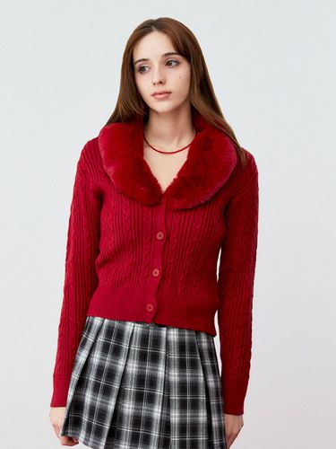 Fur Cable Knitted Cardigan [RED] - koolkitten - Modalova