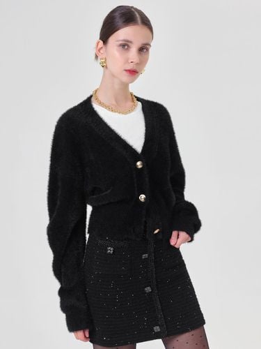 V-neck Crop Loose-fit Fur Cardigan [Black] - pelote - Modalova