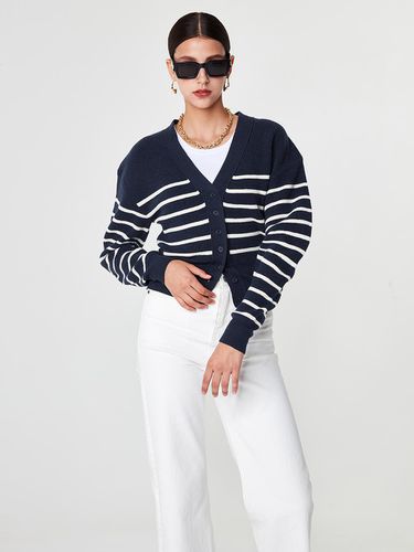 V-neck Dropped Shoulder Wool Striped Cardigan [Navy] - pelote - Modalova