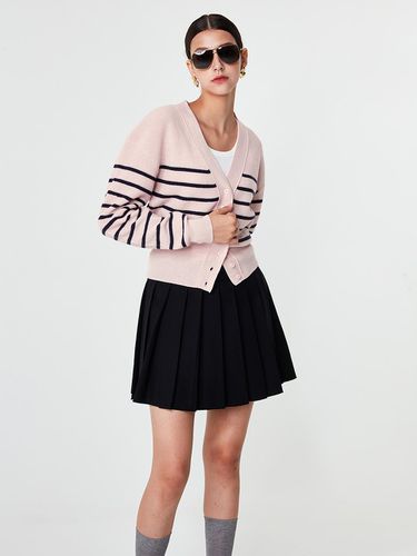 V-neck Striped Premium Wool Cardigan [Pink] - pelote - Modalova