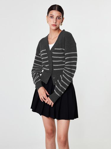 V-neck Striped Wool Cardigan [Charcoal Gray] - pelote - Modalova