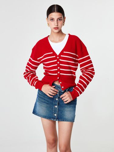 V-neck Striped Premium Wool Cardigan [RED] - pelote - Modalova