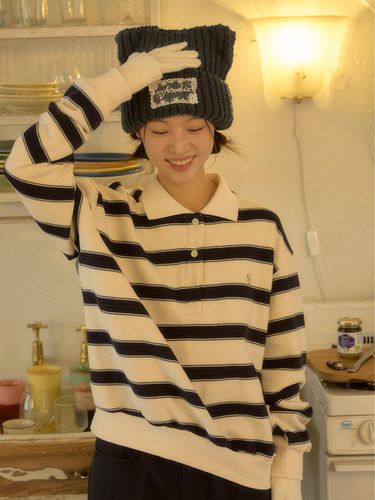 Striped Collar Cotton Sweatshirt [Beige] - ANOETIC - Modalova