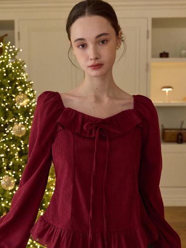 Square Neck Frill Polyester Blouse [Burgundy] (j1651) - JOORTI - Modalova