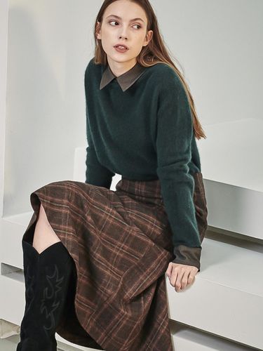 Wool Blend Check Pattern Flare Skirt [Brick] - ACUD - Modalova