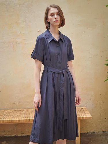 Belted Tailored Hidden Button Shirt Dress [Navy] - ACUD - Modalova