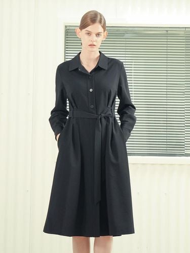 Pintuck Detail Belted Shirt Dress [Black] - ACUD - Modalova