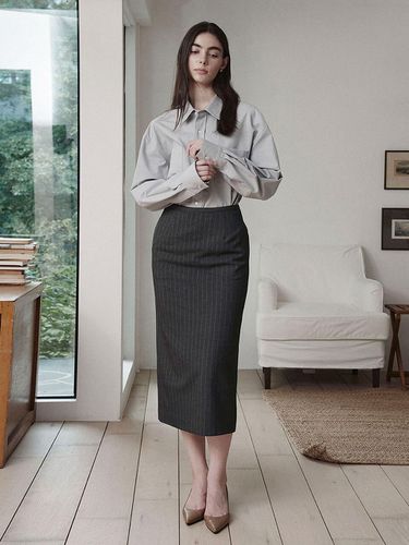 Stripe Straight-fit Wool-cotton Skirt [Charcoal] - GIEMAR - Modalova