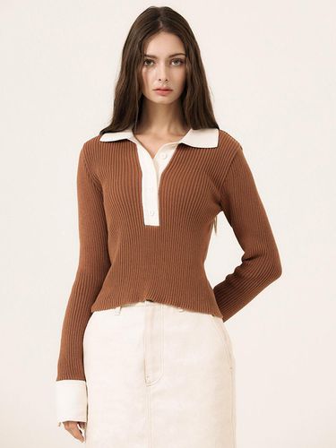 Color Block Long Sleeved Ribbed Polo Knit [BROWN] - EVMOIU - Modalova