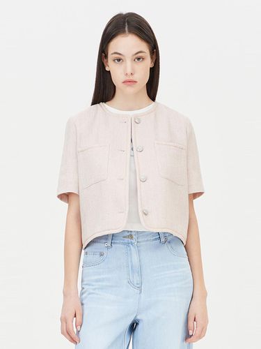 Round Neck Cropped Short Sleeve Linen Blend Jacket [Pink] (SAJK44431PK) - Sisley - Modalova