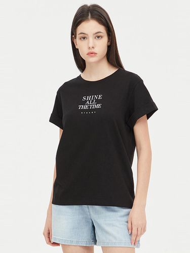 Lettering Roll-up Sleeve Cotton T-shirt [Black] (SATS83431BK) - Sisley - Modalova