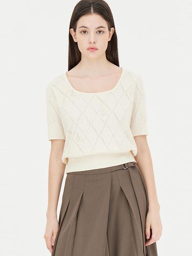 Square Neck Argyle Pointelle Knit Pullover [IVORY] (SAKP06441IV) - Sisley - Modalova