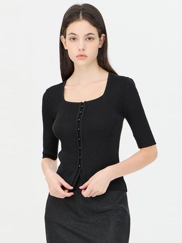 Square Neck Button-Up Ribbed Knit Pullover [Black] (SAKP07441BK) - Sisley - Modalova