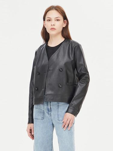 No Collar Double Button Faux Leather Jacket (SALEE2411BK) - Sisley - Modalova