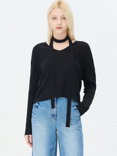 Ribbed Tie-Front V-neck Loose Knit (SAKP08441BK) - Sisley - Modalova