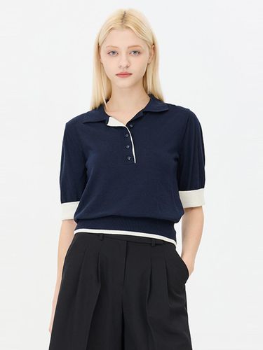 Color Block Open Collar Cotton Nylon Knit Pullover (SAKP14441DN) - Sisley - Modalova