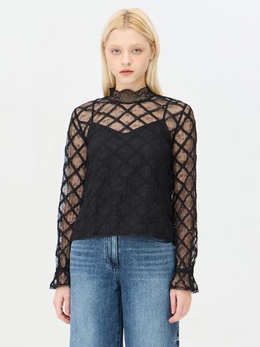 Lace Sheer Ruffle Band Neck Blouse (SAWS32461BK) - Sisley - Modalova