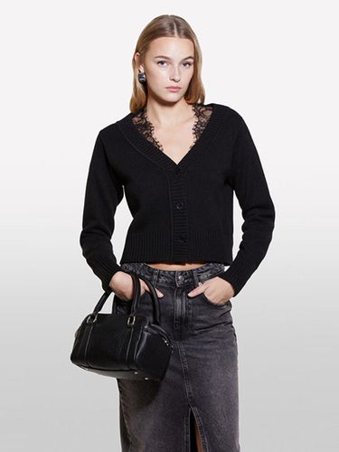 Lace-trimmed V-neck Wool-blend Cardigan [Black] (1M9AM6026BK) - Sisley - Modalova