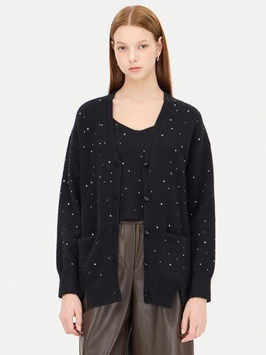 Fur Blend Crystal Beading V-neck Cardigan [Black] (SAKC41461BK) - Sisley - Modalova