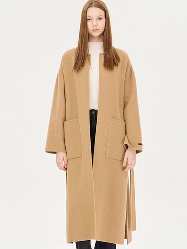 Round Neck Belted Long Wool Blend Coat (SACT37461CA) - Sisley - Modalova