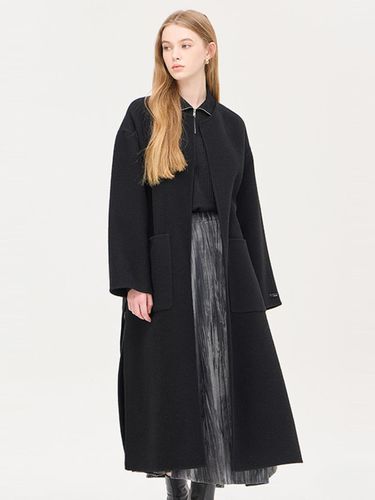 Round Neck Belted Wool Blend Long Coat (SACT37461BK) - Sisley - Modalova