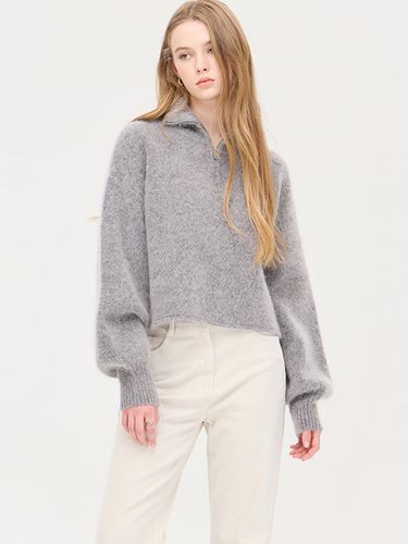 Mohair Blend Half-Zip Voluminous Sleeve Knit Sweater (SAKP48461GR) - Sisley - Modalova