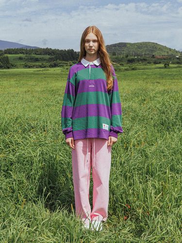 Collared Long Sleeve Cotton Stripe T-shirt [Green/Wine] - ofcoursewhynot - Modalova