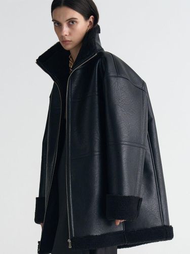 Vegan Leather Half Fur Minimal Jacket [Black] - MAGJAY - Modalova