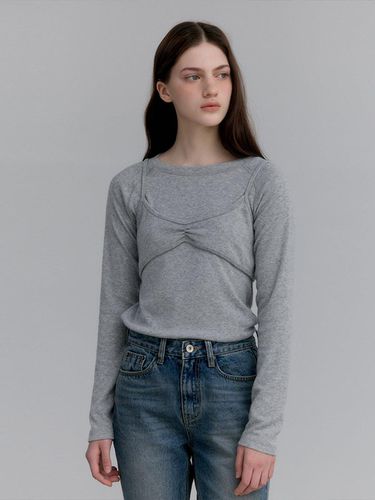 Brushed Fleece Raglan Shirring Bustier T-Shirt Set [Gray] - LOVE US U - Modalova