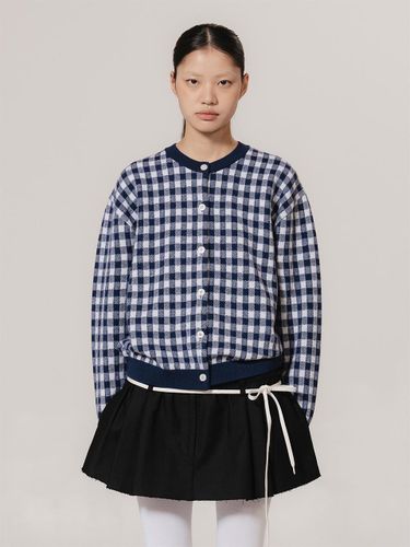 Wool Gingham Ribbed Knit Cardigan [Navy] - kiok - Modalova