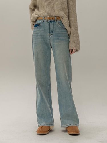 Pocket Point Straight Fur Fleece Denim Pants [Light Blue] - NONANDNON - Modalova