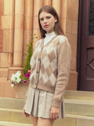 Wool Cashmere Blend Argyle Relaxed Cardigan [Beige] - LIKK - Modalova