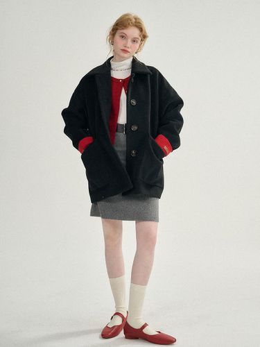 Solid Button Pocket Half Coat [Black] - Sincethen - Modalova