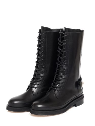 Italian Leather Combat Boots [Black] (F80) - BLANC TOE - Modalova