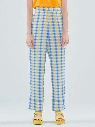 Check High-Waisted Straight-Fit Pants [Blue] - JUNEJUNE SPACE - Modalova