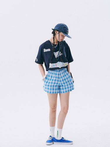 Floral Check Elastic Waist Cotton Shorts [Blue] - JUNEJUNE SPACE - Modalova