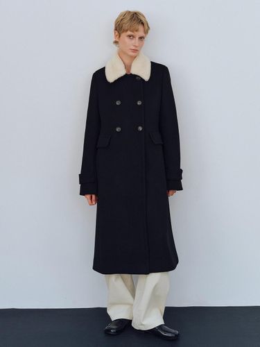 Double Button Wool Semi A-line Coat [Black] - LENUEE - Modalova