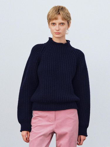 High-neck Ribbed Merino Wool Sweater [Deep Navy] - LENUEE - Modalova