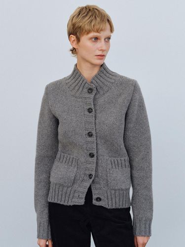 High Neck Ribbed Air Wool Cardigan [Grey] - LENUEE - Modalova