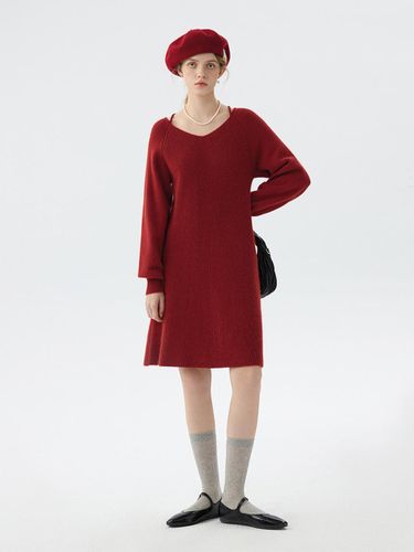 V-neck Wool Blend Knitted Dress [Red] - We’Dee - Modalova