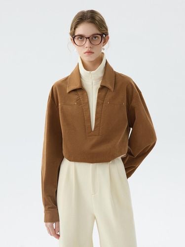 Layered Collar Long Sleeve Cotton Blend Top [Brown/Green] - We’Dee - Modalova