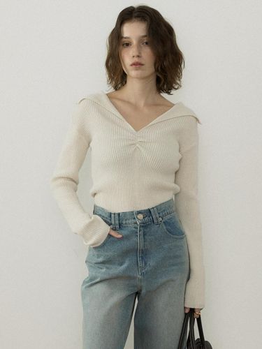 Open-collar Shirring Wool Blend Knit [Cloud] - AUBARD - Modalova