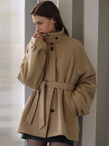 Belted High-Neck Wool Blend Half Coat [Camel] - DEHEVE - Modalova