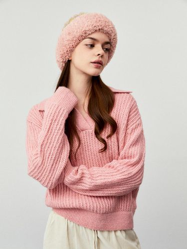 Collared Cable Knit Ribbed Sweater [PINK] - koolkitten - Modalova