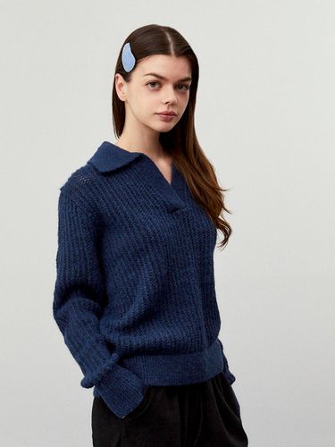 Collared Cable Knit Ribbed Sweater [Navy] - koolkitten - Modalova