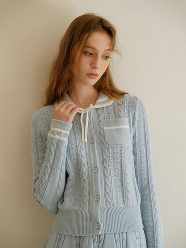 Collar Cable Knit Cotton Cardigan [Blue] - Cest Moidew - Modalova