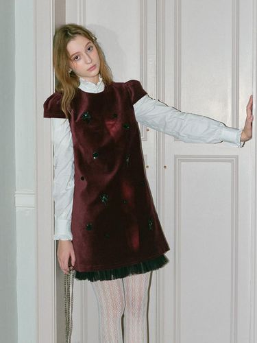 Beaded Velvet Midi Dress [Burgundy] - Cest Moidew - Modalova