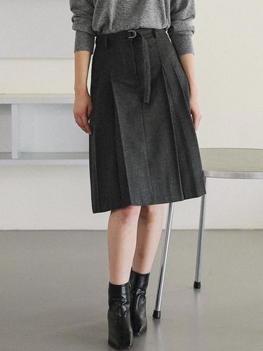 Belt Pleats Wool-blend Midi Skirt [Charcoal] - DEHEVE - Modalova